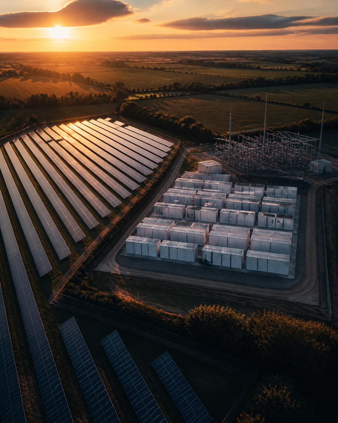 Solar and battery infrastructure at sunset