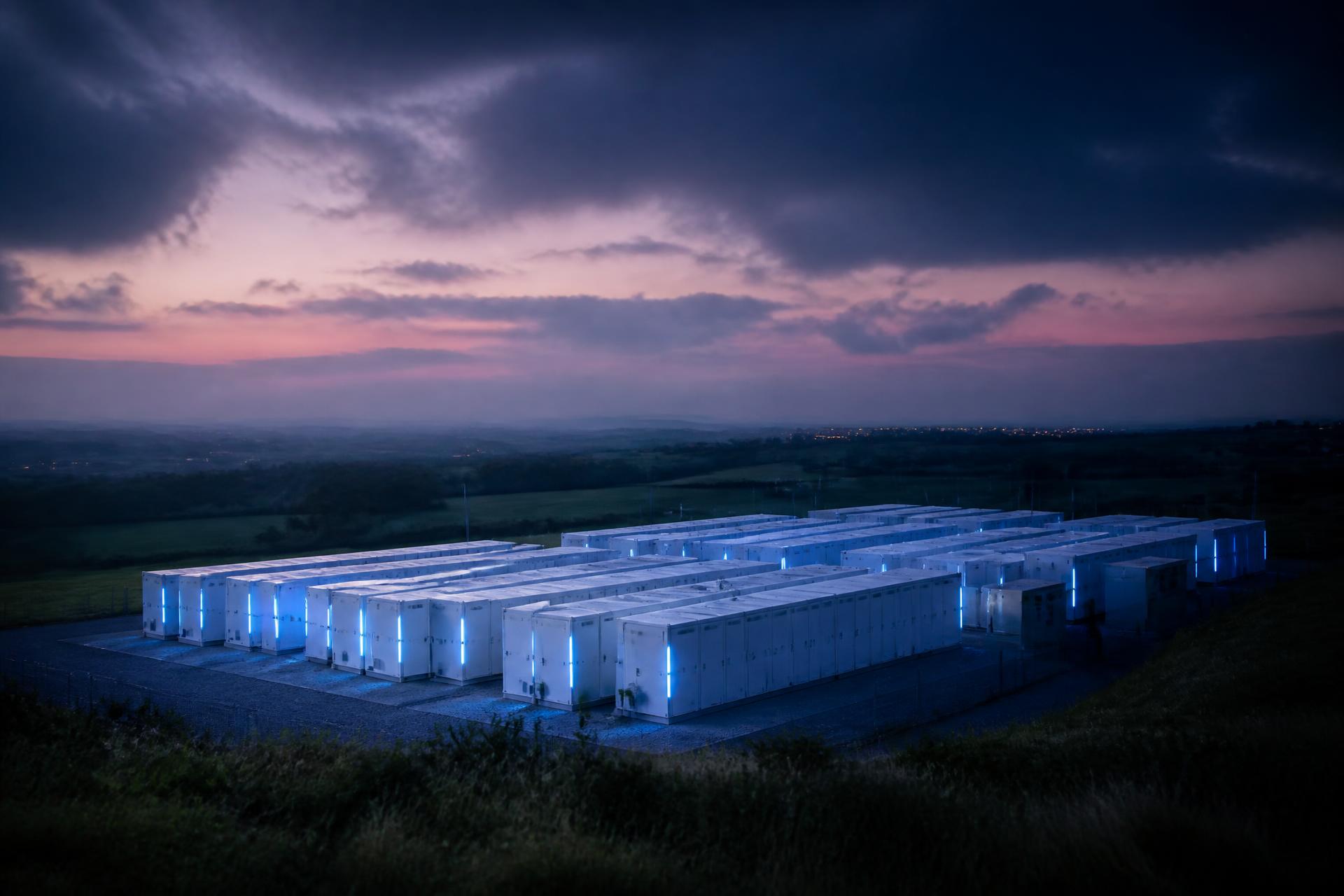 Utility-scale battery energy storage facility at blue hour